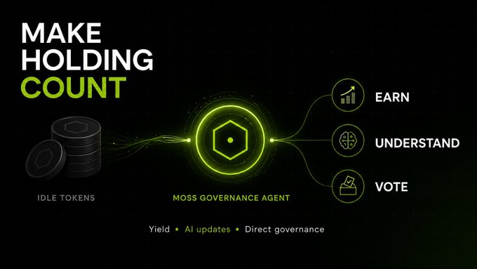 An advertisement titled 'MAKE HOLDING COUNT' showing 'IDLE TOKENS' flowing into a 'MOSS GOVERNANCE AGENT' with three benefits: 'EARN, UNDERSTAND, VOTE.'