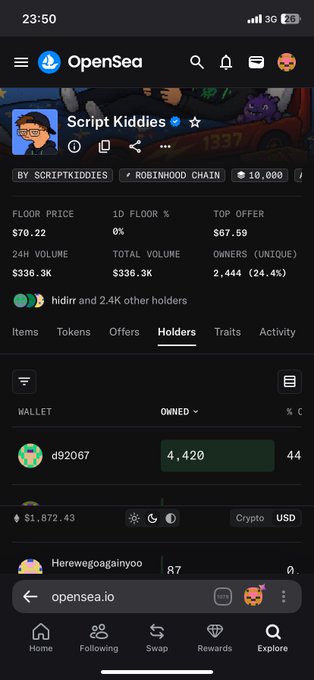 The image shows an OpenSea page for the "Script Kiddies" NFT collection on the Robinhood Chain, displaying 24H volume of $336.3K and 2,444 unique owners (24.4% of supply), with top holders like d92067 owning 4,420 tokens. This supports the post's excitement about strong early trading activity following the mint, as the collection is already generating substantial volume.