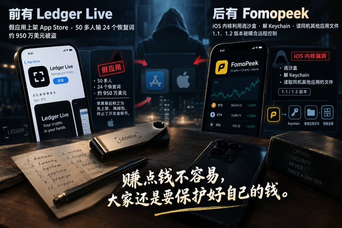 A Chinese advertisement comparing "Ledger Live" ("前有 Ledger Live") with "FomoPeek" ("后有 FomoPeek"), featuring mockups of iPhone app store pages and crypto wallets, with text suggesting Ledger Live is a fake app and recommending the FomoPeek wallet, captioned "赚点钱不容易，大家还是要保护好自己的钱" (Earning money isn't easy, everyone still needs to protect their own money).