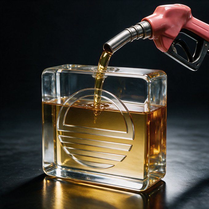 A red gas nozzle pours golden liquid into a glass container, visually echoing the post's metaphor about fuel flowing into the Solana ecosystem. The transparent vessel allows the amber fluid to be seen filling it up, mirroring how Solana's market momentum is "filling up" with activity.