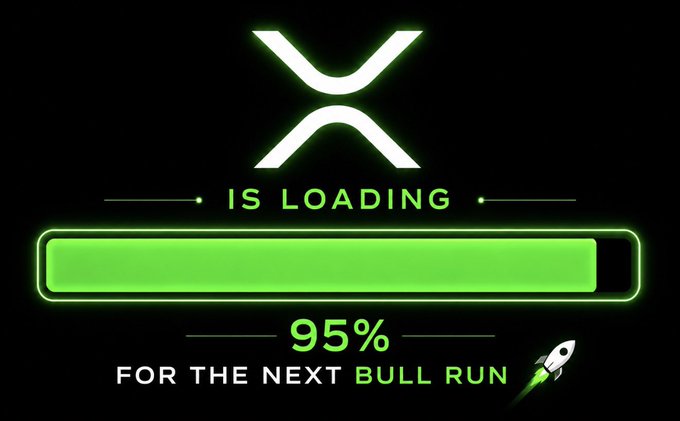 A loading bar graphic displays the XRP logo with "IS LOADING" and "95% FOR THE NEXT BULL RUN" text, visually reinforcing the post's message that XRP is nearly ready to surge.