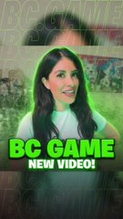 The image features a woman with long brown hair wearing a white shirt, standing against a green background that has the words "BC Game" written above her head. The text also includes the phrase "New Video!" at the bottom of the image.