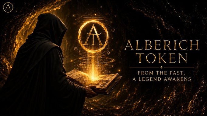 A dark fantasy promotional image for 'ALBERICH TOKEN' with the tagline 'FROM THE PAST, A LEGEND AWAKENS', depicting a hooded figure holding a glowing ancient book against a golden cosmic background.
