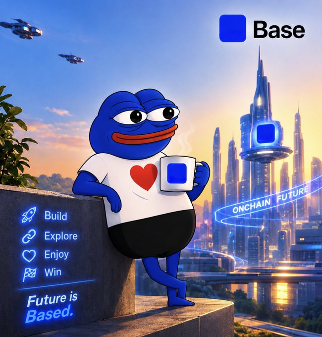 A cartoon blue frog mascot wearing a 'I love Base' t-shirt and holding a Base mug stands on a balcony overlooking a futuristic city with the text 'Build, Explore, Enjoy, Win, Future is Based.'
