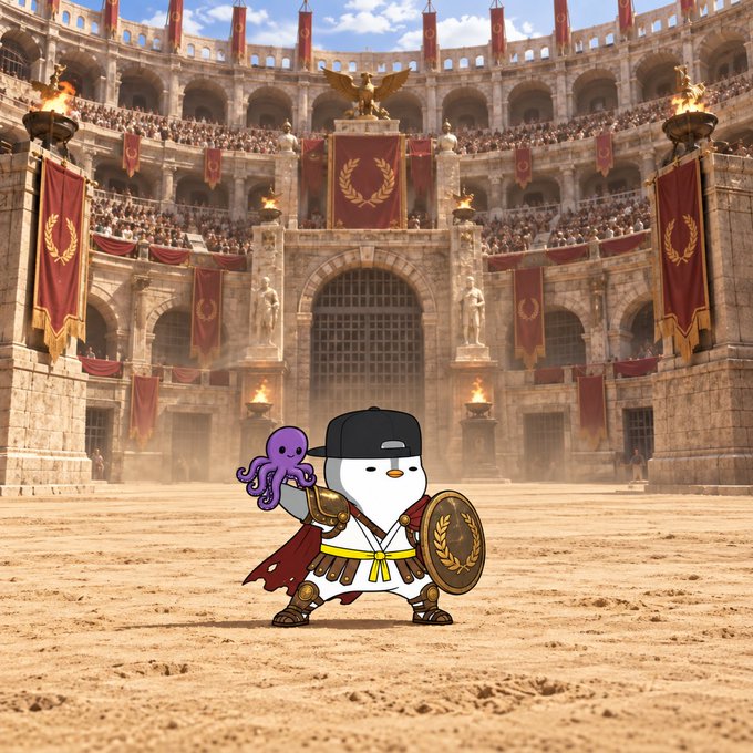 A cartoon penguin character dressed as a Roman gladiator with a red cape, shield, and black cap, holding a purple octopus, standing in a sandy arena surrounded by crowds and red banners with gold emblems.