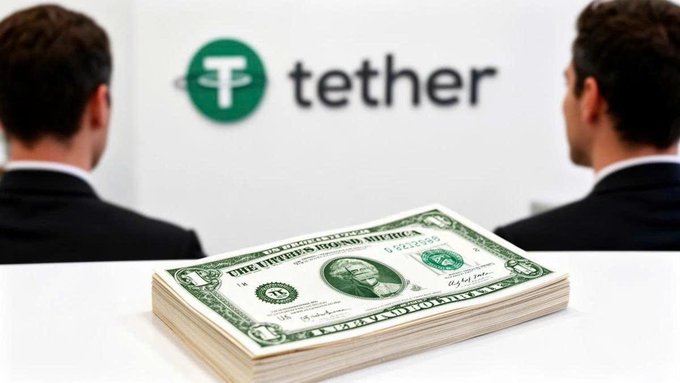 Two businessmen in suits face each other across a table stacked with US dollar bills, with the Tether logo visible in the background, symbolizing the cryptocurrency's connection to fiat currency.