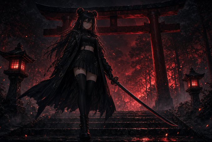 A dark-haired anime-style figure with twin buns stands at the base of a crimson-lit torii gate, gripping a long katana amid embers and stormy red skies, flanked by stone lanterns glowing ominously. No visible text, numbers, tickers, or names appear within the image itself. The post's themes of perseverance ("Fall seven times; rise eight") and emergence from darkness ("the seed breaks from inside") align with the figure's stoic, battle-ready stance—a lone warrior rising through adversity within a haunting, otherworldly shrine setting.