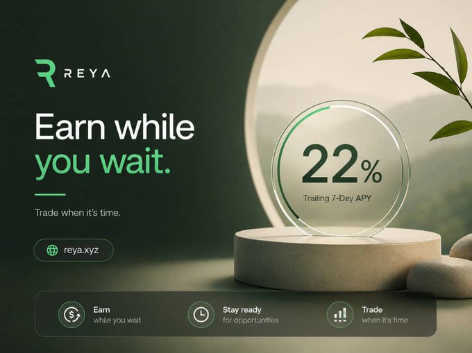 A REYA cryptocurrency advertisement displaying 'Earn while you wait' with 22% trailing 7-day APY at reya.xyz.