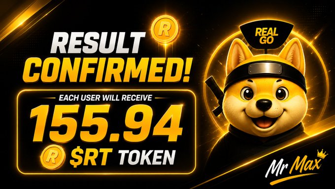 A promotional graphic featuring a Shiba Inu dog mascot in ninja attire, announcing 'RESULT CONFIRMED!' and that each user will receive '155.94 $RT TOKEN', branded as 'Mr Max'.