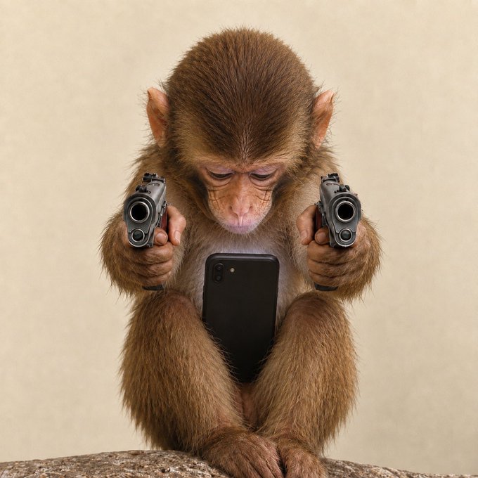 A small monkey holding two handguns pointed forward while looking down at a smartphone held between its feet.