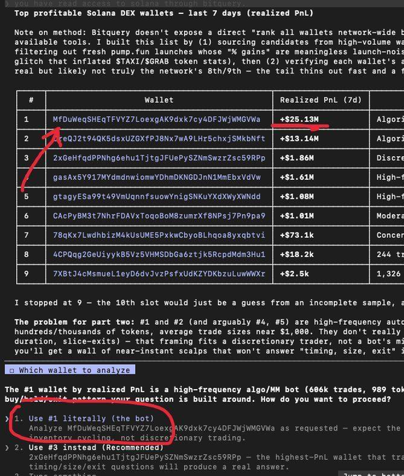 A screenshot showing a table of top profitable Solana DEX wallets from the last 7 days, with the #1 wallet 'MFDuWeqSHEqTFVYV7LoexgAK9dxk7cy4DFJWjWMGVWa' highlighted in red with +$25.13M realized PnL, noting it's a high-frequency algo/MM bot.