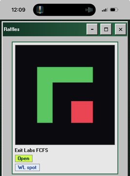 A screenshot of a "Raffles" application window displays a green and red geometric logo above the text "Exit Labs FCFS," with "Open" and "WL_spot" buttons highlighted, corresponding to the raffle steps mentioned in the instructions for obtaining an Exit Labs whitelist spot.