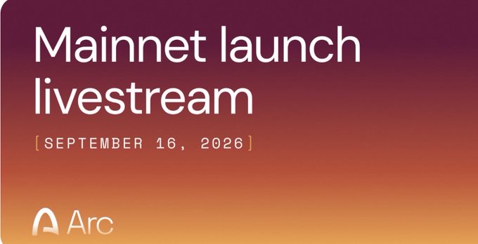 A promotional graphic for a 'Mainnet launch livestream' scheduled for September 16, 2026, featuring the Arc logo on a red-to-orange gradient background.