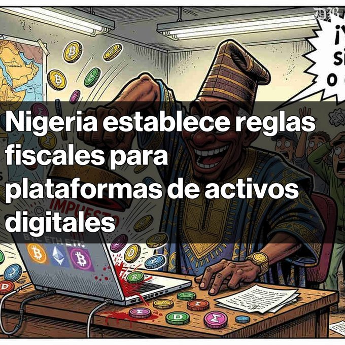 A comic-style illustration showing a man laughing while holding a bag of money over a desk with a laptop and cryptocurrency coins, accompanied by the Spanish text 'Nigeria establece reglas fiscales para plataformas de activos digitales'.