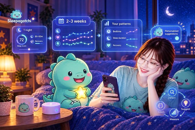 An illustrated promotional image for 'Sleepagotchi' showing a girl in bed with a smartphone, surrounded by sleep tracking stats including '1 night', '72 Sleep Score', '6h 40m', 'Recovery', '2-3 weeks', and features like 'Detect', 'Learn', 'Suggest', and 'Measure'.