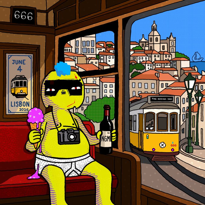 The image features a cartoon character wearing white shorts, sunglasses, and holding an ice cream cone while sitting on a red bench inside a train car. The scene takes place outside of a window with buildings visible through it. The image also includes text that reads "Gm, big week ahead. Heading to Lisbon tomorrow. Really excited about the intimate meetup we’ve organized thanks to @opensea , bringing together XCOPY collectors and spreading the word on the @thedoomedxyz mission".