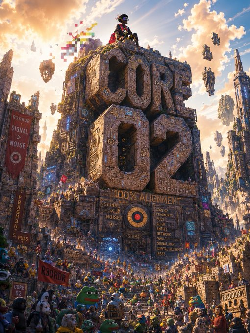 The image features a large rock formation with the words "CORE 02" written on top of it, surrounded by a crowd of people who appear to be exploring or admiring the structure. The scene takes place outdoors, possibly at an event or gathering where the rock formation has become a popular attraction for visitors.