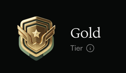 A digital graphic showing a gold tier badge with wings and a star next to the text 'Gold Tier 1' on a black background.