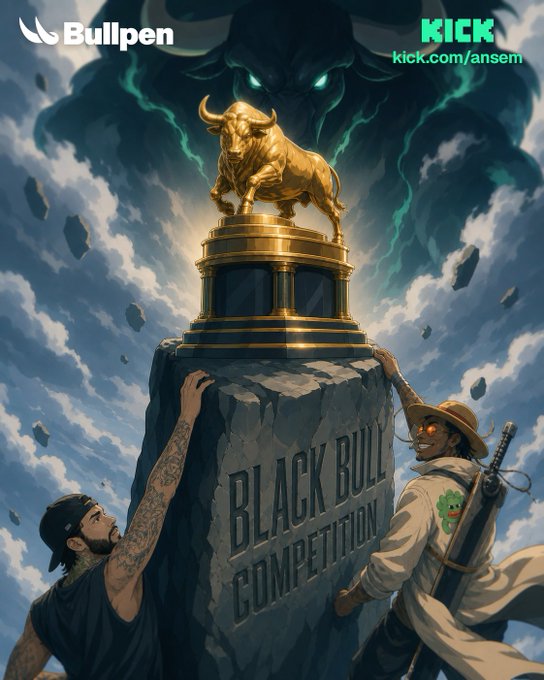 A promotional graphic for a Bullpen and Kick.com/ansem collaboration titled "Black Bull Competition," featuring a golden bull statue atop a stone pedestal with two armed characters and a dark shadowy figure in the background.