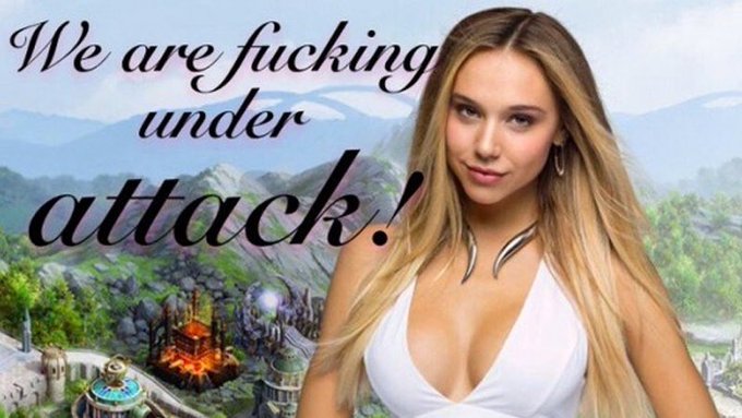 The image shows a blonde woman in a white top overlaid on a fantasy castle/game scene, with the text "We are fucking under attack!" prominently displayed. The accompanying post about OI (Open Interest) longs suggests this dramatic "under attack" imagery humorously represents the bearish pressure or liquidation of long positions in the market.