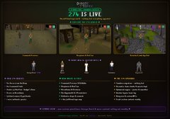 A RuneScape update page announcing that "274 IS LIVE" with three quest screenshots displayed under the header "Welcome To RuneScape," accompanied by a list of features and an "Important Notice" section detailing new custom content like Xavier, Kirkinator, and Yakub quest lines referenced in the announcement.