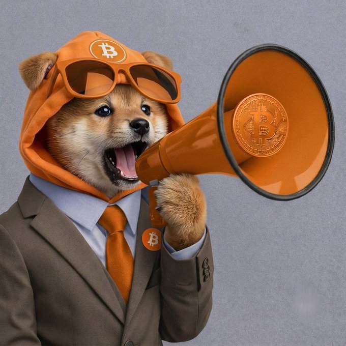 An AI-generated image of a Shiba Inu dog (Doge) wearing a brown suit, orange Bitcoin-themed hat and glasses, holding an orange megaphone with a Bitcoin coin inside it.