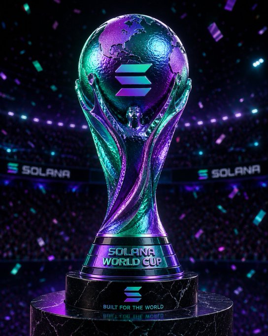 A glowing teal and purple Solana World Cup trophy stands center stage in a stadium, with "SOLANA," "WORLD CUP," and "BUILT FOR THE WORLD" emblazoned on its base—visually reinforcing the post's confident declaration that "Solana will win."