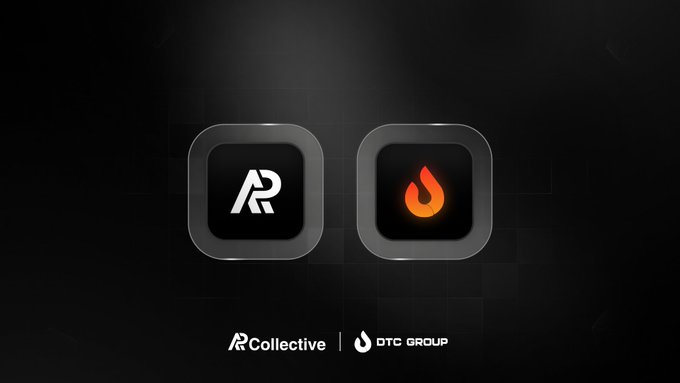 A dark presentation slide shows two icons side-by-side with the text 'AR Collective | DTC GROUP' below them, featuring an 'AR' logo and an orange flame logo.
