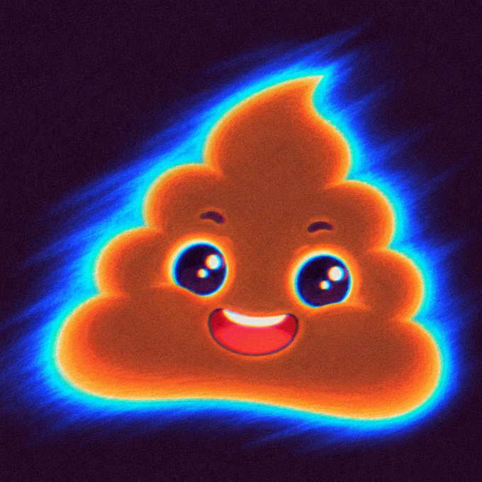 A cute, smiling cartoon poop emoji glowing with a bright blue neon outline against a dark purple background.