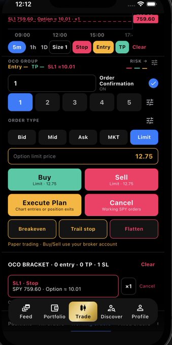 A mobile trading app screenshot showing OCO (One-Cancels-Other) order options with Buy/Sell limit prices at 12.75, displaying 'SL1 759.60 - Option = 10.01' and a TP level at 10.01.