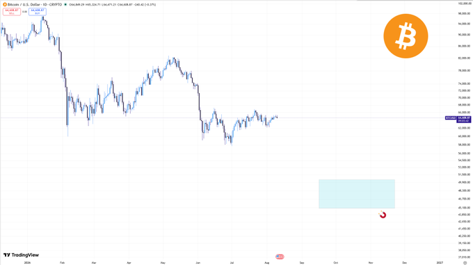 A Bitcoin (BTC/USD) daily candlestick chart on TradingView shows the October 10 price crash from ~$122,000 down to ~$66,000, with a highlighted empty zone below current prices around $47,000–$50,000 (marked with a magnet icon), visually suggesting a future "Black Swan" event aimed at traders calling a bottom too early.