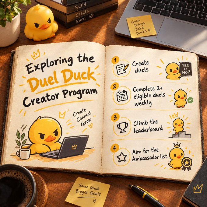 An open notebook on a wooden desk features hand-drawn doodles and text outlining the "Exploring the Duel Duck Creator Program," including steps to "Create duels," "Complete 2+ eligible duels weekly," "Climb the leaderboard," and "Aim for the Ambassador list," surrounded by a rubber duck, coffee, and a laptop.