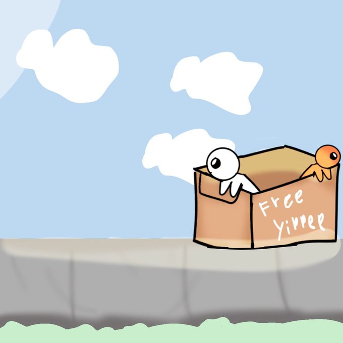 A cartoon illustration of a character and an octopus inside a cardboard box labeled 'Free Yipper' sitting on a ledge under a blue sky with white clouds.