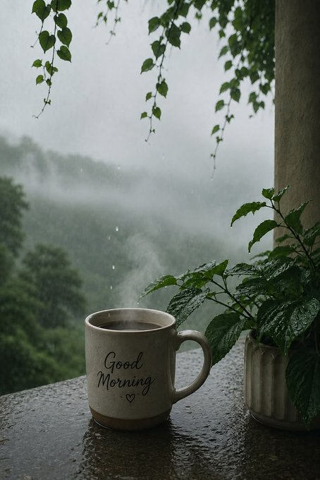 A ceramic mug labeled 'Good Morning' with a heart sits on a wet ledge steaming in a misty, rainy landscape surrounded by green foliage.