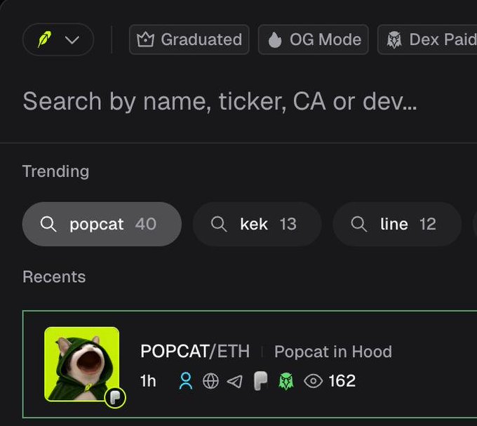 Screenshot of a cryptocurrency tracking interface showing trending searches 'popcat 40', 'kek 13', and 'line 12', with a recent listing for 'POPCAT/ETH | Popcat in Hood'.