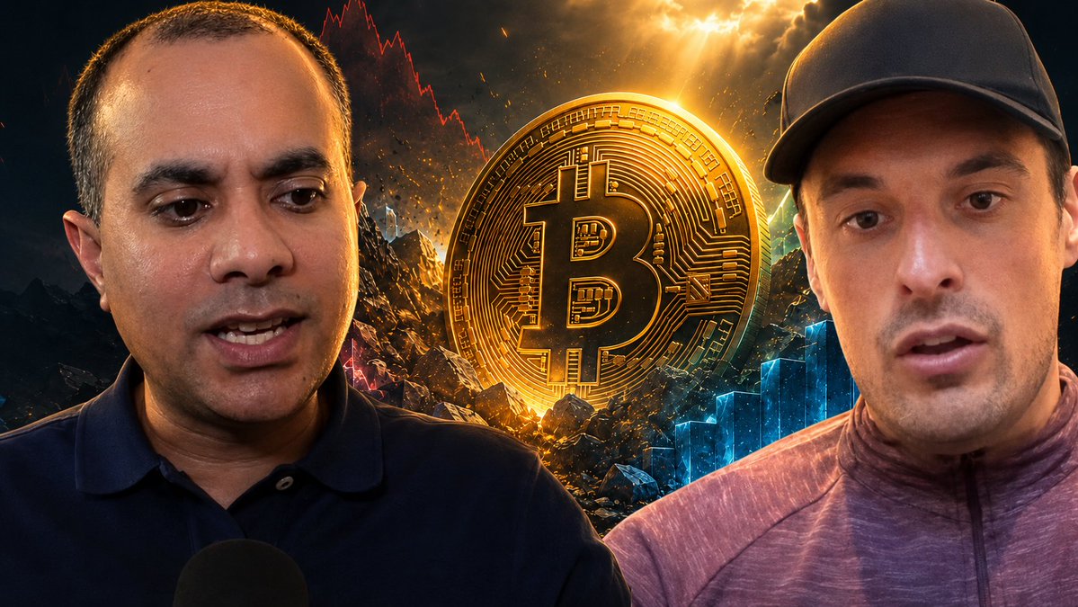 A YouTube-style thumbnail featuring two men on either side of a large golden Bitcoin coin with a rocky, fiery background and a red downward-trending line graph, suggesting a bearish crypto topic.
