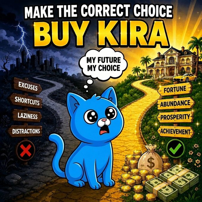 The image features a cartoon cat sitting on a path with two signs, one reading "Make The Correct Choice Buy Kira" and another saying "My Future My Choice". There are also dollar bills scattered around the scene, possibly representing money or related to the concept of buying something from the character named Kira.