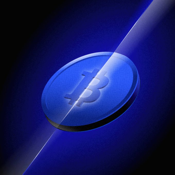 A blue, glassy Bitcoin (₿) coin rests against a dark blue background, illuminated by a dramatic spotlight beam cutting diagonally across the frame. The lighting reinforces the caption "Some things keep finding the spotlight," symbolizing Bitcoin's enduring prominence and recurring attention in the financial world.