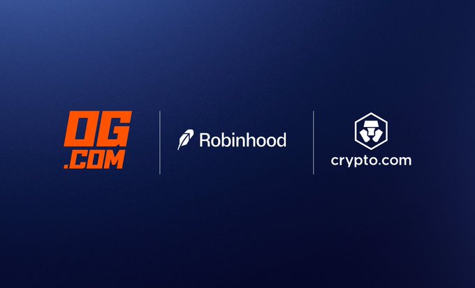 The image features three company logos displayed horizontally on a dark blue background: OG.com in orange, Robinhood in white with its feather icon, and Crypto.com with its hexagonal logo. This visual pairs with the post announcing a partnership between Robinhood, Crypto.com, and OG.com.