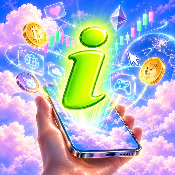 A hand holds a smartphone from which a glowing green 'i' icon emerges, surrounded by floating symbols like Bitcoin, Ethereum, Dogecoin, and trading charts against a dreamy sky.