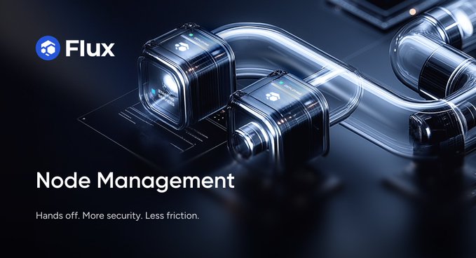 A sleek promotional graphic for "Flux" displays the headline "Node Management" with the tagline "Hands off. More security. Less friction," alongside a futuristic 3D render of interconnected metallic computing nodes linked by glowing tubes, visually representing the protocol's automated allocation of compute resources to developer applications on the FluxCloud network.