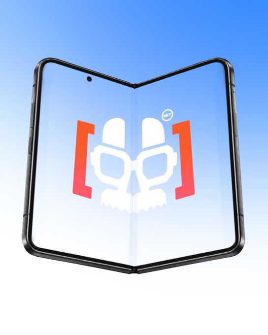 A promotional image of a foldable smartphone displaying a stylized skull logo in red and white with '[NET]' text on a blue screen.