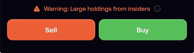 A digital interface displays an orange warning message reading 'Warning: Large holdings from insiders' above an orange 'Sell' button and a green 'Buy' button.