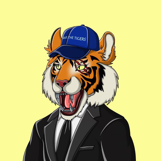 An illustrated tiger wearing a blue 'SAVE THE TIGERS' cap and a black suit snarls aggressively with its mouth open, showing sharp teeth and a scar across one eye.