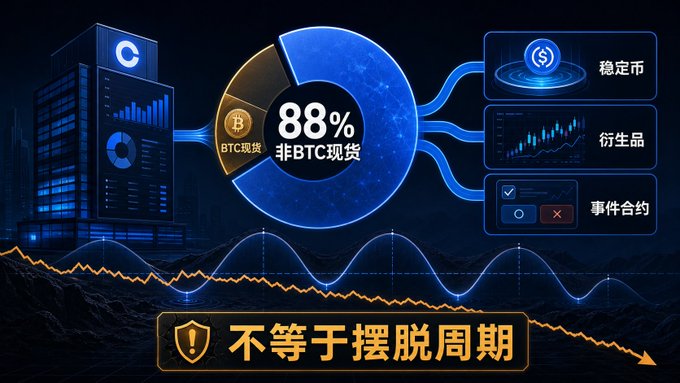 A financial infographic in Chinese showing a blue donut chart with 88% labeled "非BTC现货" (non-BTC spot) and a smaller segment for "BTC现货" (BTC spot), with categories for 稳定币 (stablecoins), 衍生品 (derivatives), and 事件合约 (event contracts), and a banner reading "不等于摆脱周期" (does not mean escaping cycles).