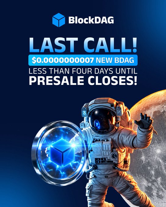 A promotional graphic for BlockDAG (BDAG) features an astronaut holding a glowing blue coin with the BlockDAG logo against a space backdrop, announcing "LAST CALL! $0.0000000007 NEW BDAG" and "LESS THAN FOUR DAYS UNTIL PRESALE CLOSES!"—urging viewers to participate in the final days of the crypto presale before it ends on October 13.