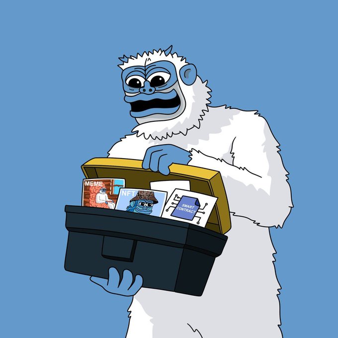 A cartoon illustration of a yeti-like creature holding an open treasure chest containing icons labeled 'MEME', 'NFT', and 'SMART CONTRACT' against a blue background.
