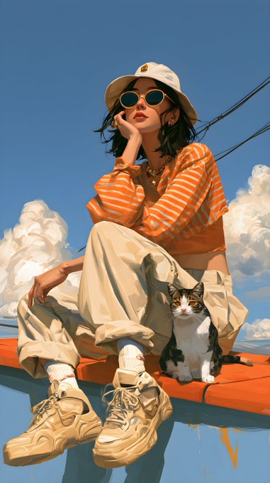 An illustrated painting of a stylish young woman in an orange striped shirt, beige pants, and a bucket hat sitting on a rooftop with a calico cat, wearing chunky sneakers against a blue cloudy sky.