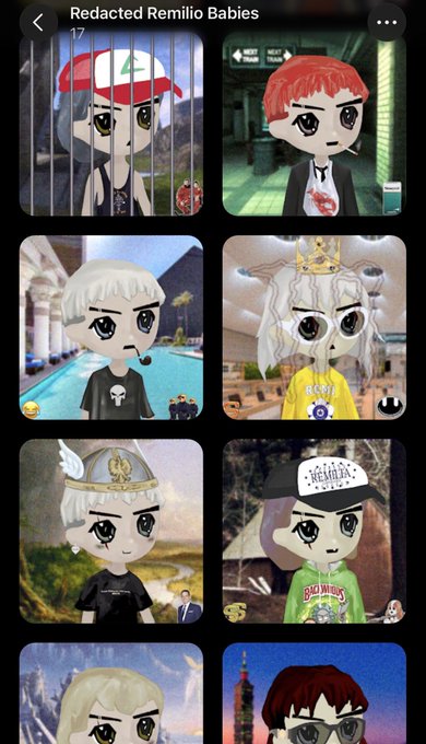 A screenshot of a collection titled "Redacted Remilio Babies" displaying a grid of eight stylized chibi-style avatar characters with various outfits, hats, and backgrounds, including one wearing a cap that reads "LEMMiNO." The post's reference to being a satisfied customer of Remilia Corporation aligns with the grid showcasing the diverse Remilio baby NFT collectibles available through the brand.