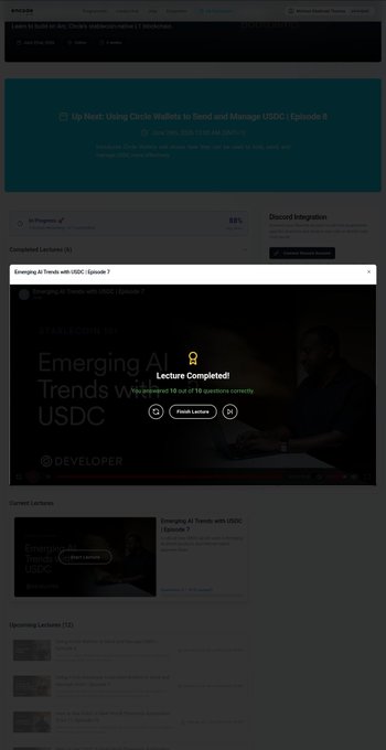 A screenshot of a completed lecture on 'Emerging AI Trends with USDC: Episode 7' on what appears to be a Coinbase learning platform, showing 'Lecture Completed!' confirmation.